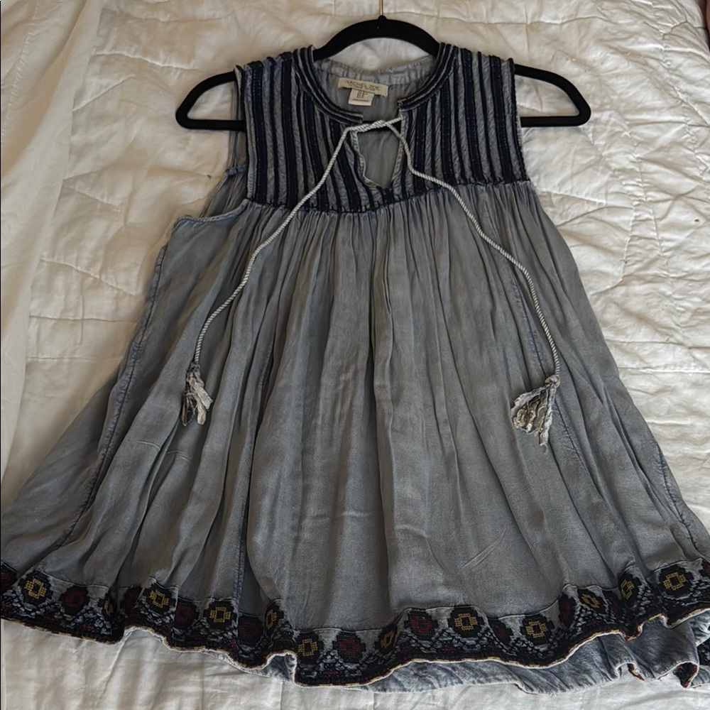 Rachel Zoe Blue Denim Look Embroidered Neck Tassle Top